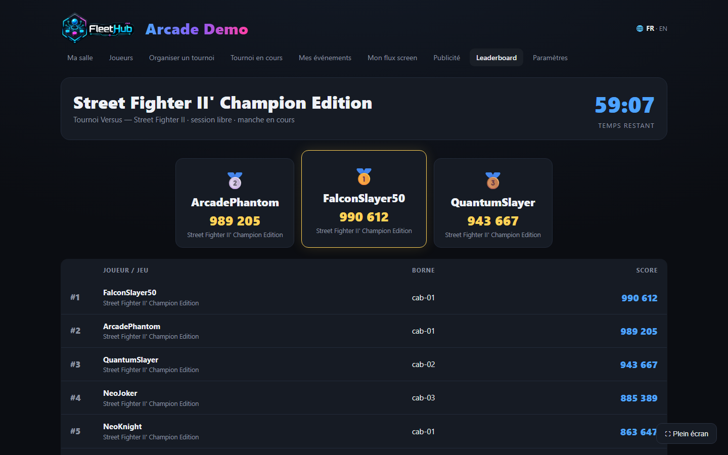 La console de la salle (http://localhost:12400) : leaderboard en direct, tournoi en cours, et la navigation complète — Ma salle, Joueurs, Organiser un tournoi, Mon flux screen, Paramètres